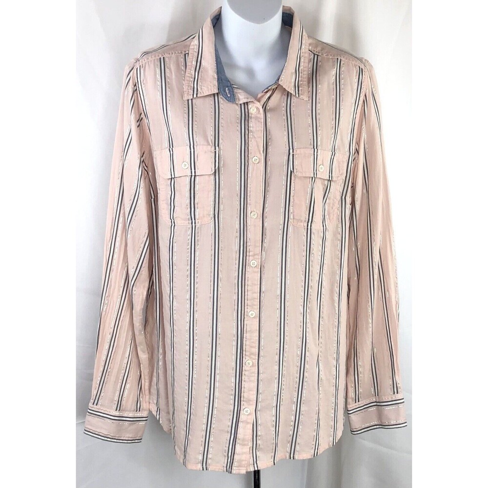 St Johns Bay Top L Pink Metallic Stripe Button Up Collar Y2K Capsule Office Work